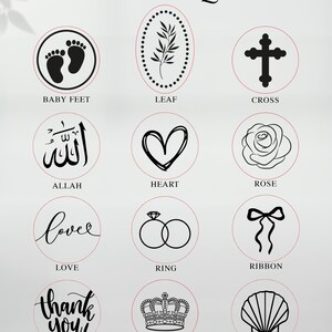 Seal Designs chart featuring Baby Feet, Leaf, Cross, Allah, Heart, Rose, Love, Ring, Ribbon, Thank You, Crown and Shell icons shown as customization options for epoxy magnet favors.