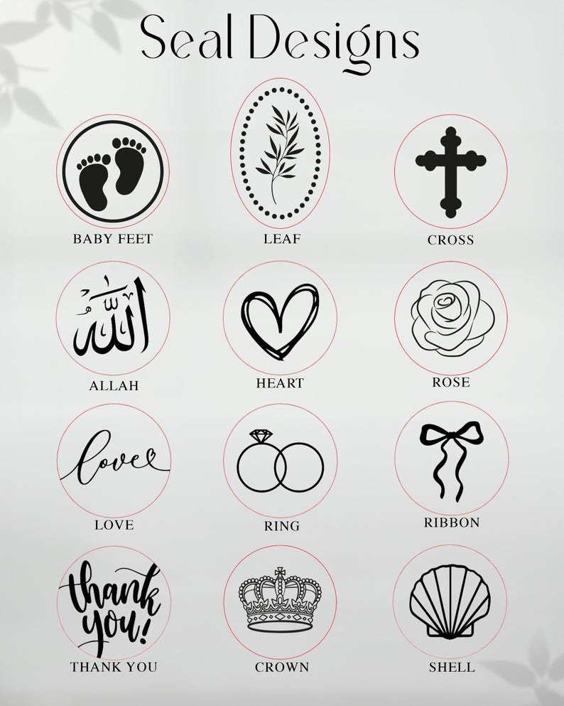 Seal Designs chart featuring Baby Feet, Leaf, Cross, Allah, Heart, Rose, Love, Ring, Ribbon, Thank You, Crown and Shell icons shown as customization options for epoxy magnet favors.