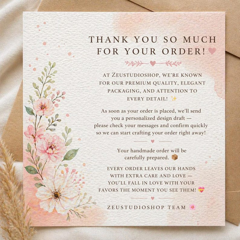 May include: A thank you card with the text "THANK YOU SO MUCH FOR YOUR ORDER!" in a serif font. The card has a watercolor design with pink flowers and green leaves. The card is on a neutral background.