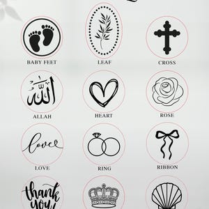 Seal Designs chart featuring Baby Feet, Leaf, Cross, Allah, Heart, Rose, Love, Ring, Ribbon, Thank You, Crown and Shell icons shown as customization options for epoxy magnet favors.