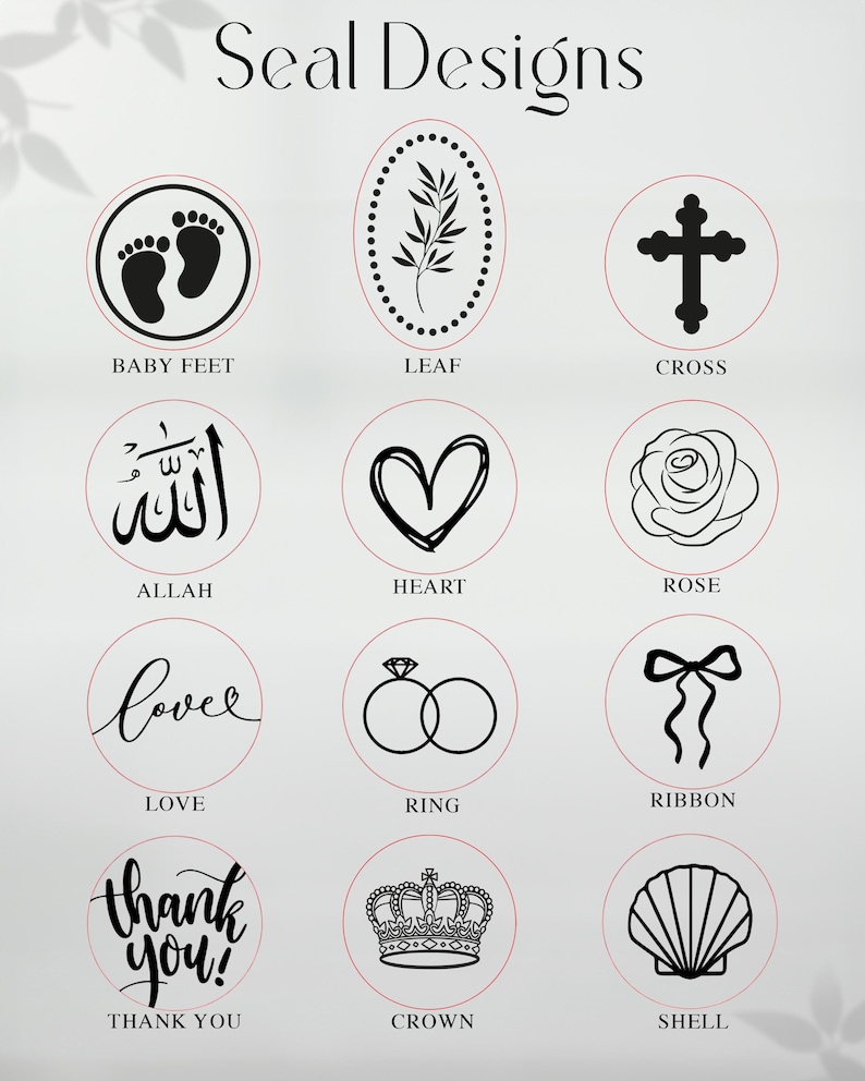 Seal Designs chart featuring Baby Feet, Leaf, Cross, Allah, Heart, Rose, Love, Ring, Ribbon, Thank You, Crown and Shell icons shown as customization options for epoxy magnet favors.