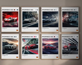 Set van 40+ Porsche Posters - Automotive Home Wall Art Decoratieve Racing Prints, Digitale Download Posterbundel voor Esthetische Woonkamerkunst