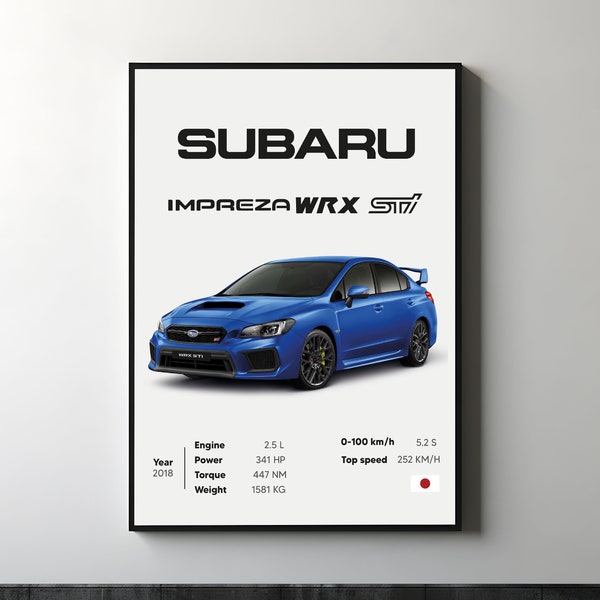 Impreza Subaru WRX STI Car Poster Prints - Wall Art for Kids Boys Room, Japan Car, JDM, Decor for Children's Home, Office, Nursery, Dorm