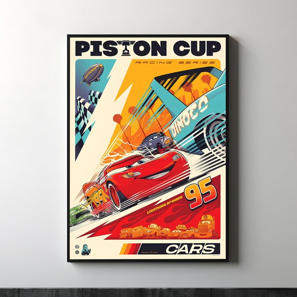 Cars Piston Cup Poster, Cars Poster Illustration, McQueen Illustration, Cars Movie Art, Car Poster Original Art, Movie Wall Art, Cars Art