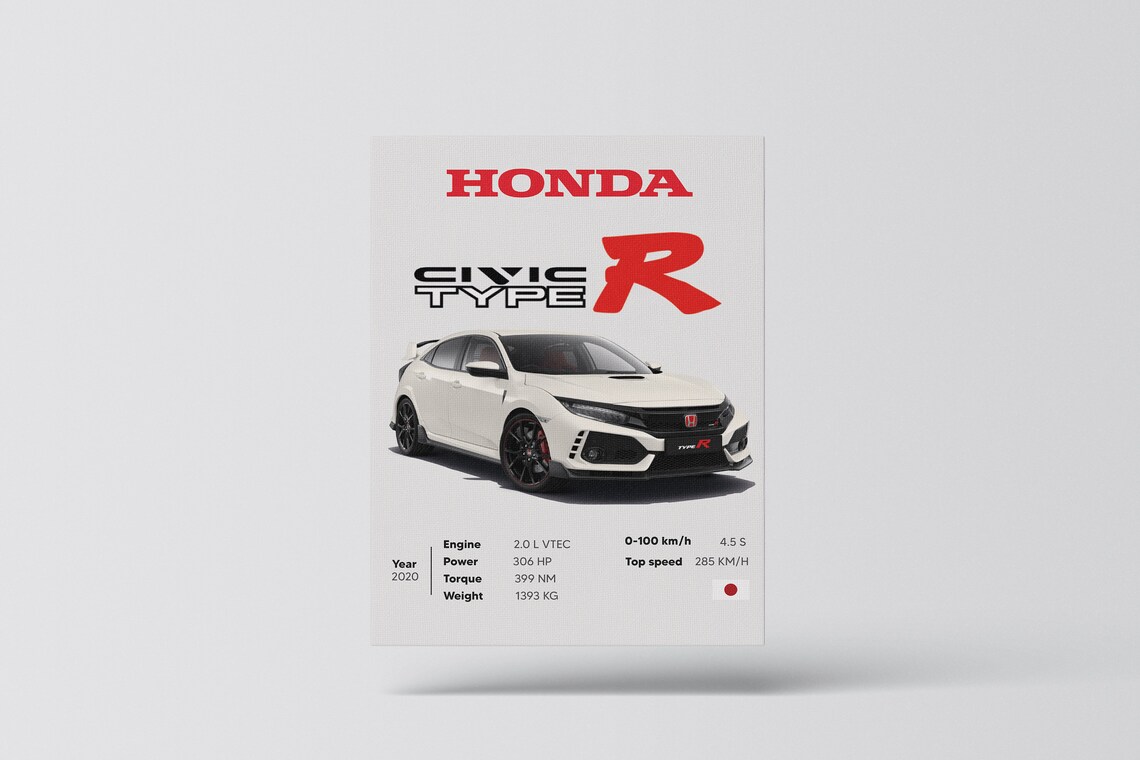 Honda Civic Type R 2020 White, Japanese Car Wall Art Poster Super Car