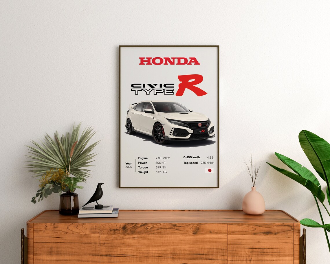 Honda Civic Type R 2020 White, Japanese Car Wall Art Poster Super Car