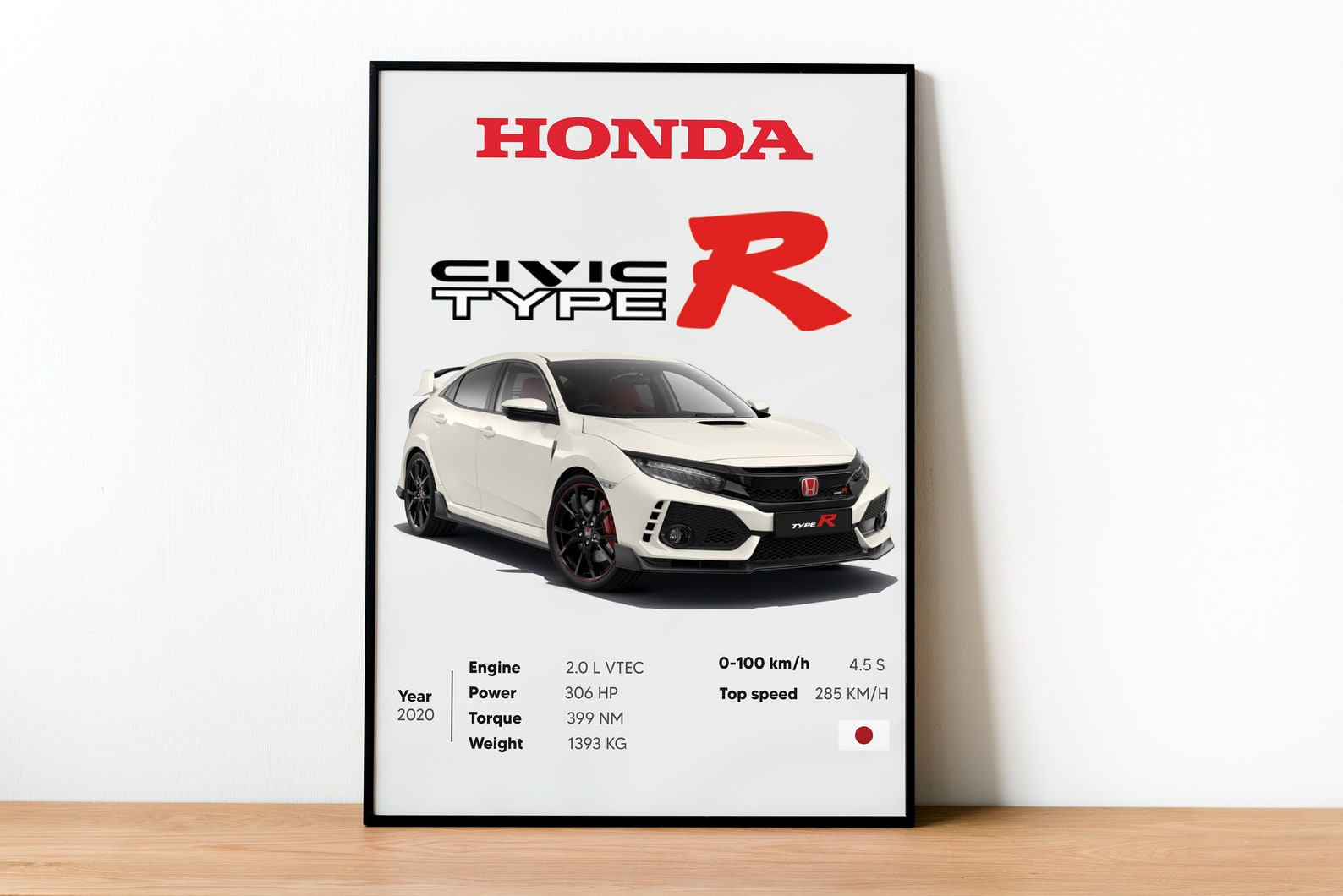 Honda Civic Type R 2020 White, Japanese Car Wall Art Poster Super Car