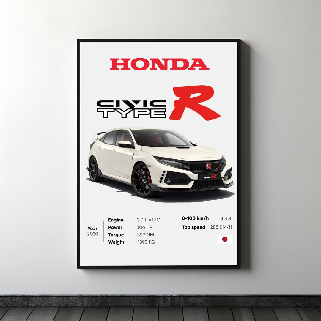 Honda Civic Type R 2020 White, Japanese Car Wall Art Poster Super Car