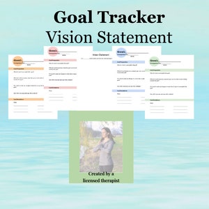 May include: A printable goal tracker worksheet with a vision statement section. The worksheet has sections for goal preparation, goal breakdowns, and steps. The worksheet is designed to help people set and achieve their goals. The image also includes a photo of a person meditating in nature.