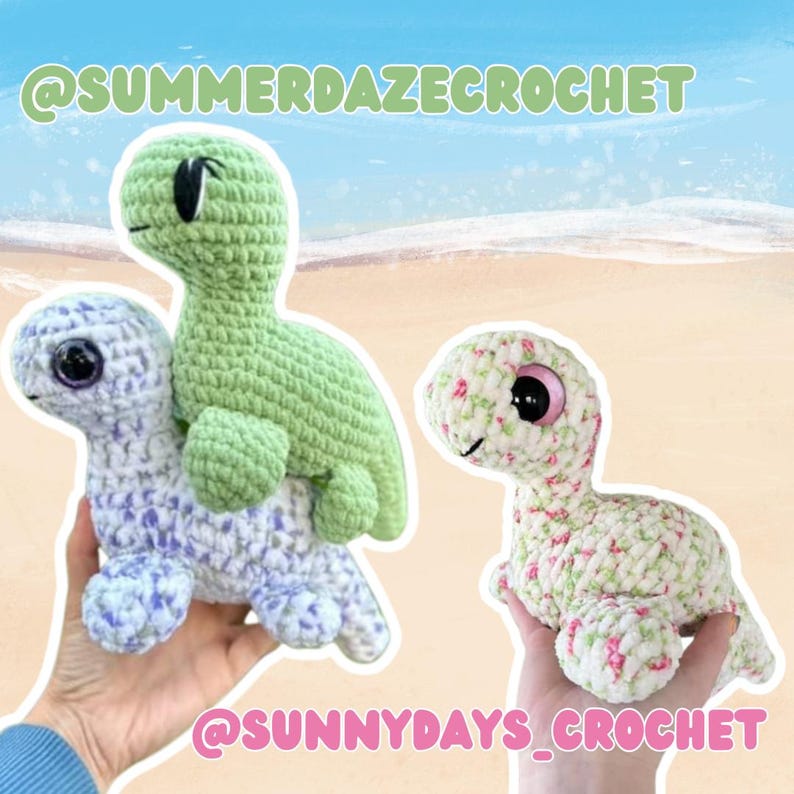 May include: Three crocheted turtle toys in the image. One is light green, another is white and purple, and the third is white with pink floral patterns. The text "@SUMMERDAZECROCHET" and "@SUNNYDAYS_CROCHET" are visible.