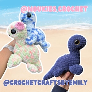 May include: Three handmade crochet sea creature plushies in the image. One is green and pink, another is blue and white, and the third is a solid dark blue. The text "@NOUKIES.CROCHET" and "@CROCHETCRAFTSBYEMILY" are visible.
