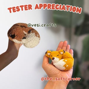 Puede incluir: Se muestran dos juguetes de zorro de ganchillo, uno marr&oacute;n y blanco, el otro amarillo y blanco. El texto "TESTER APPRECIATION" est&aacute; en la parte superior. Tambi&eacute;n son visibles los identificadores de Instagram @vesi.crafts y @the_softcorner.