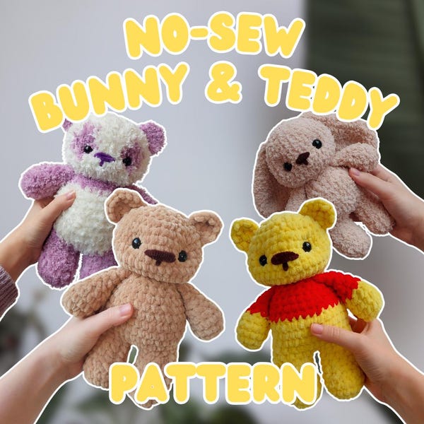 PATTERN: No-Sew Crochet Bunny and No-Sew Teddy Bear Pattern Set with Panda and T-Shirt mod