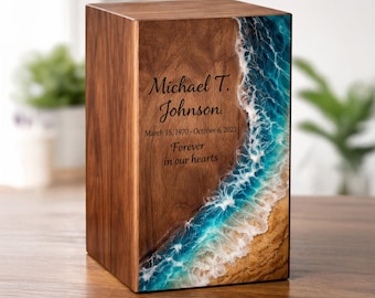 Urna de madera con diseño de olas de playa personalizada para cenizas. Caja conmemorativa hecha a mano. Urna de resina grabada a medida. Recuerdo para adultos. Disponible en 6 tamaños.