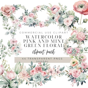 Bruiloft bloem clipart png | Groene tinten | Commercieel gebruik | Roze munt aquarel bloem clipart | Bruiloft bloemen clipart | Wenskaart, png
