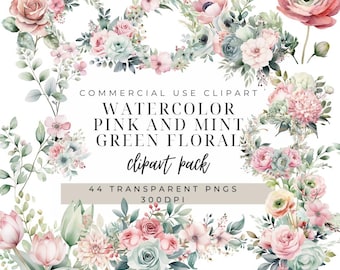 Watercolor Flower Clipart: Pink & Mint Green Floral PNG (Commercial Use)