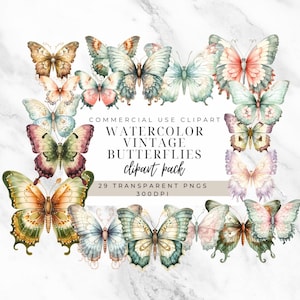 Watercolor Butterfly Clipart: Vintage PNG Graphics (Commercial Use)