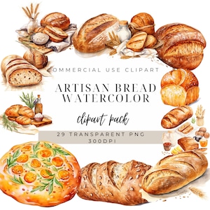 Aquarel brood clipart | Digitale download | Ambachtelijk brood | Commercieel gebruik | Brood, png | Transparante achtergrond