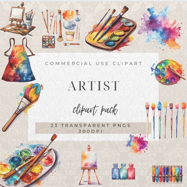 Aquarell Künstler Clipart | Pinsel Clipart | Beruf Clipart | Kommerzielle Nutzung | Art Party Cliparts | Niedlicher Künstler | Malen Pngs