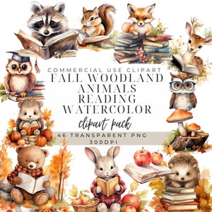 Woodland Animals Clipart | Forest Animals | Woodland Nursery Decor | Fall Woodland Animals Reading Clipart | Woodland Art | Books Reading