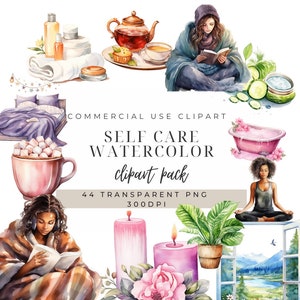 Clipart Soins personnels | Clipart fille aquarelle | Alimentation saine | Temps pour moi | Détendez-vous des cliparts | Clipart journée au spa | Lecture | Plage | Images PNG reposantes
