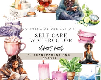 Watercolor Self Care Clipart: Spa Day, Reading, Relaxation (PNG)