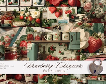 Digitales Papier-Bundle „Erdbeere Cottagecore“