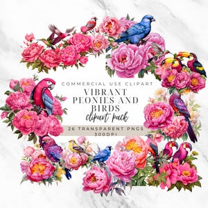 Rosa Pfingstrosen Clipart - Vogel Illustrationen - Blumen digitaler Download - Kinderzimmer Kunst - Vögel und Pfingstrosen Transparente PNGs - Hochzeitsblume