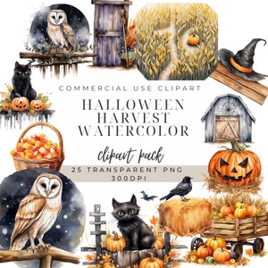 以下が含まれることがあります： ハロウィンの収穫をテーマにした水彩クリップアートパック。パックには、フクロウ、黒猫、カボチャ、トウモロコシの茎、納屋、魔女の帽子、キャンディーコーンなど、さまざまな画像が含まれています。デジタルまたは印刷されたプロジェクトを作成するのに最適です。