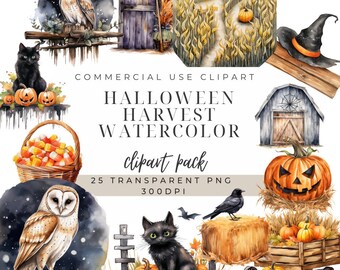 Watercolor Halloween Clipart: Harvest Pumpkins, Autumn PNG (Digital Download)