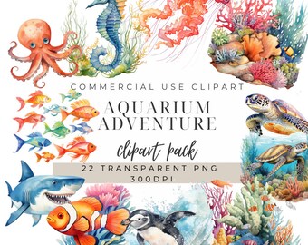 Watercolor Aquarium Clipart: Sea Animals, Coral Reef (PNGs)