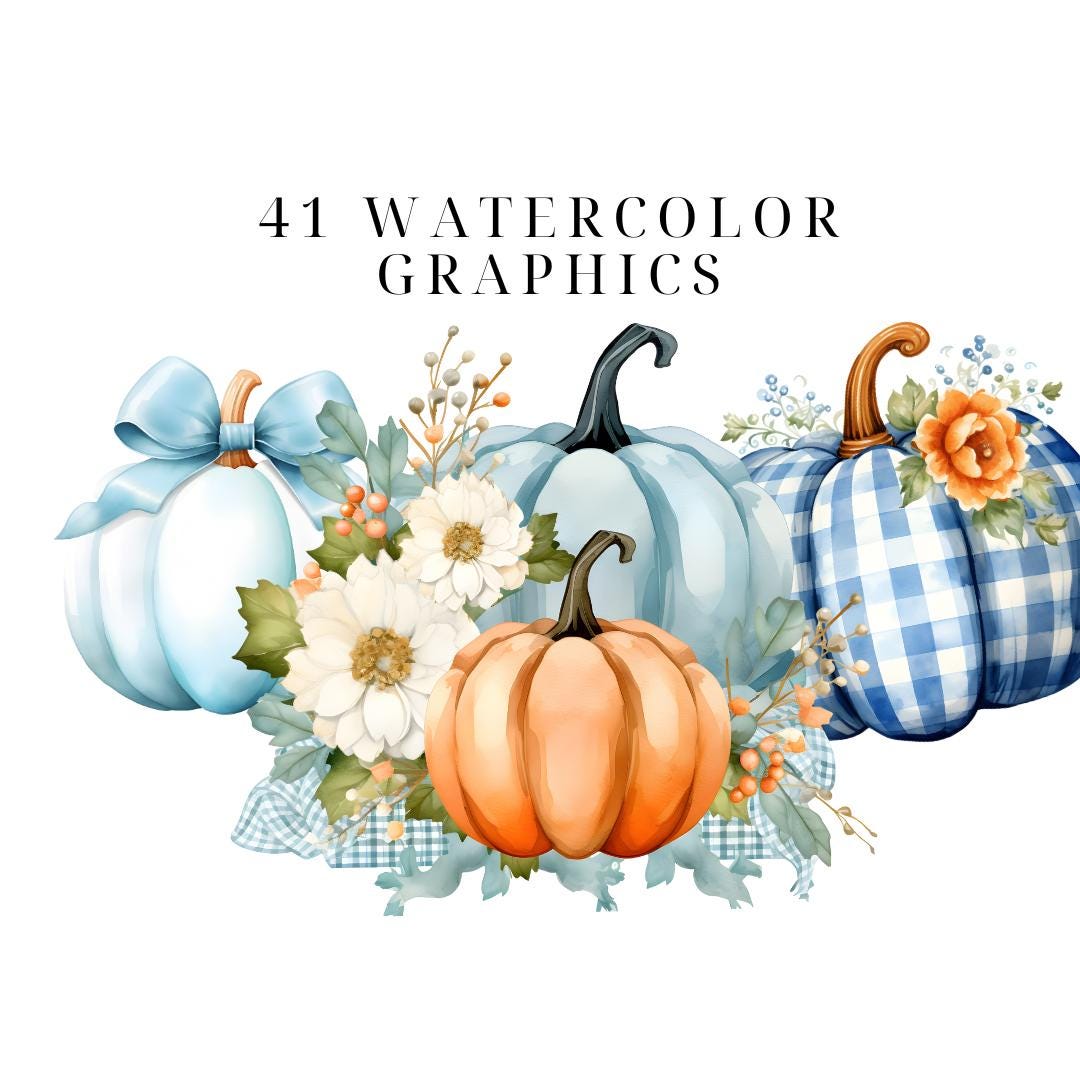 Blue & White Pumpkin Clipart: Watercolor Fall Decor (digital Download ...