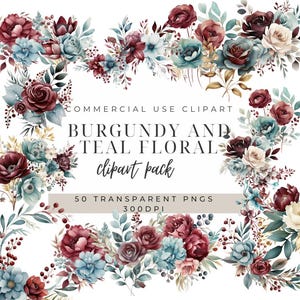Floral bourgogne et bleu sarcelle | Clipart aquarelle | Faire-part de mariage | Invitations de baby shower | Fleurs Bordeaux sarcelle | Mariage