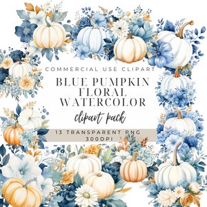 Blue Pumpkin Clipart | Watercolor Pumpkin Clipart For Boy | Autumn Farmhouse | Commercial Use | Blue Flowers | Floral Pumpkin Graphics