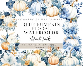 Blue Pumpkin Clipart | Watercolor Pumpkin Clipart For Boy | Autumn Farmhouse | Commercial Use | Blue Flowers | Floral Pumpkin Graphics