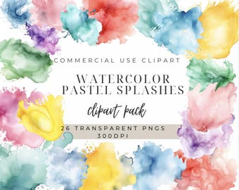 Watercolor Pastel Splashes Clipart: 26 PNG Spots (Digital Download)