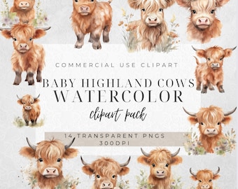 Aquarell Baby Highland Kuh Clipart: Bauernhof PNG (digitaler Download)