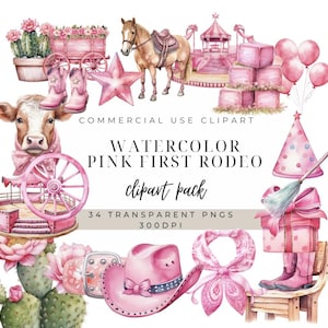 Cowgirl Geburtstag PNG | Rosa Mein erstes Rodeo Clipart | Digitale Downloads | Kommerzielle Nutzung | Rosa Geburtstagseinladung Clipart | Transparentes PNG