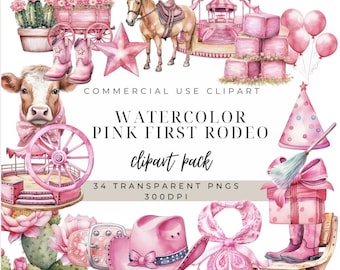 Puede incluir: Paquete de clipart de acuarela con temática de rodeo rosa. Incluye una vaca, un caballo, una estrella, una rueda giratoria, un cactus, un sombrero, botas, un regalo, un gorro de fiesta, un carrusel y más. 34 PNG transparentes, 300 DPI.