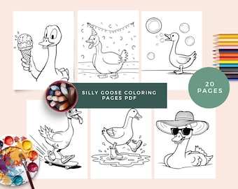 May include: A collection of black and white line art coloring pages featuring silly goose illustrations. The pages include images of geese with ice cream, party hats, bubbles, skateboards, and sunglasses. The text "Silly Goose Coloring Pages PDF" is visible.