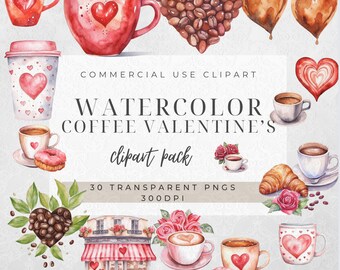 Kaffee Valentinstag Clipart: Aquarell PNG Bundle (kommerzielle Nutzung)