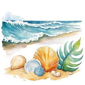 12 Beach Watercolor Clipart: Seashells, Sea, Sand (JPG Files)