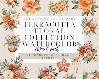 Clipart floral aquarelle terre cuite : 61 fleurs d'automne PNG (téléchargement numérique)