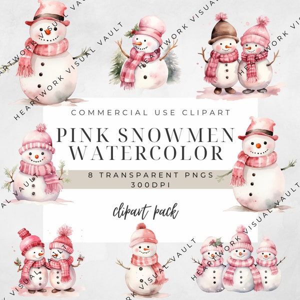 Pink Snowmen PNG | Watercolor Winter Holidays | Pink Christmas | Pink Snowmen Clipart | Card Making | Christmas Snowmen Digital Clipart