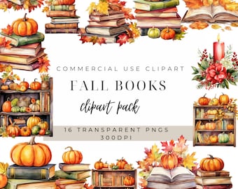 Fall Books Watercolor Clipart: Autumn PNG Bundle (Digital Download)
