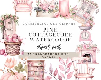 Pink Cottagecore Watercolor Clipart Bundle: 33 PNG Images (Commercial Use)