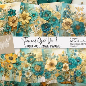 Teal & Gold Junk Journal Seiten: Vintage Ephemera (Digitaler Download)