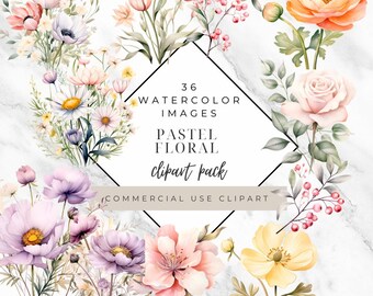Pastell Blumen Clipart - 36 Aquarell Blumen PNGs