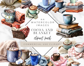 44 Gemütliche Kakao & Decke Aquarell Clipart - Hygge Winter PNG Bundle