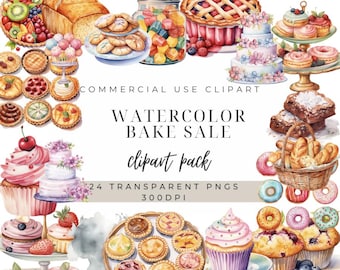 May include: Watercolor clipart pack of 24 images featuring various baked goods, including cupcakes, pies, donuts, and pastries. The images are perfect for creating invitations, cards, and other crafts.